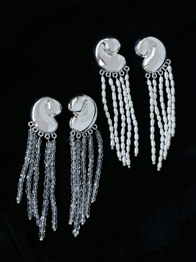 Seashell Tassel Drop Earrings | Freshwater Pearl or Crystal Tassel | Silver-Plated S925 Posts