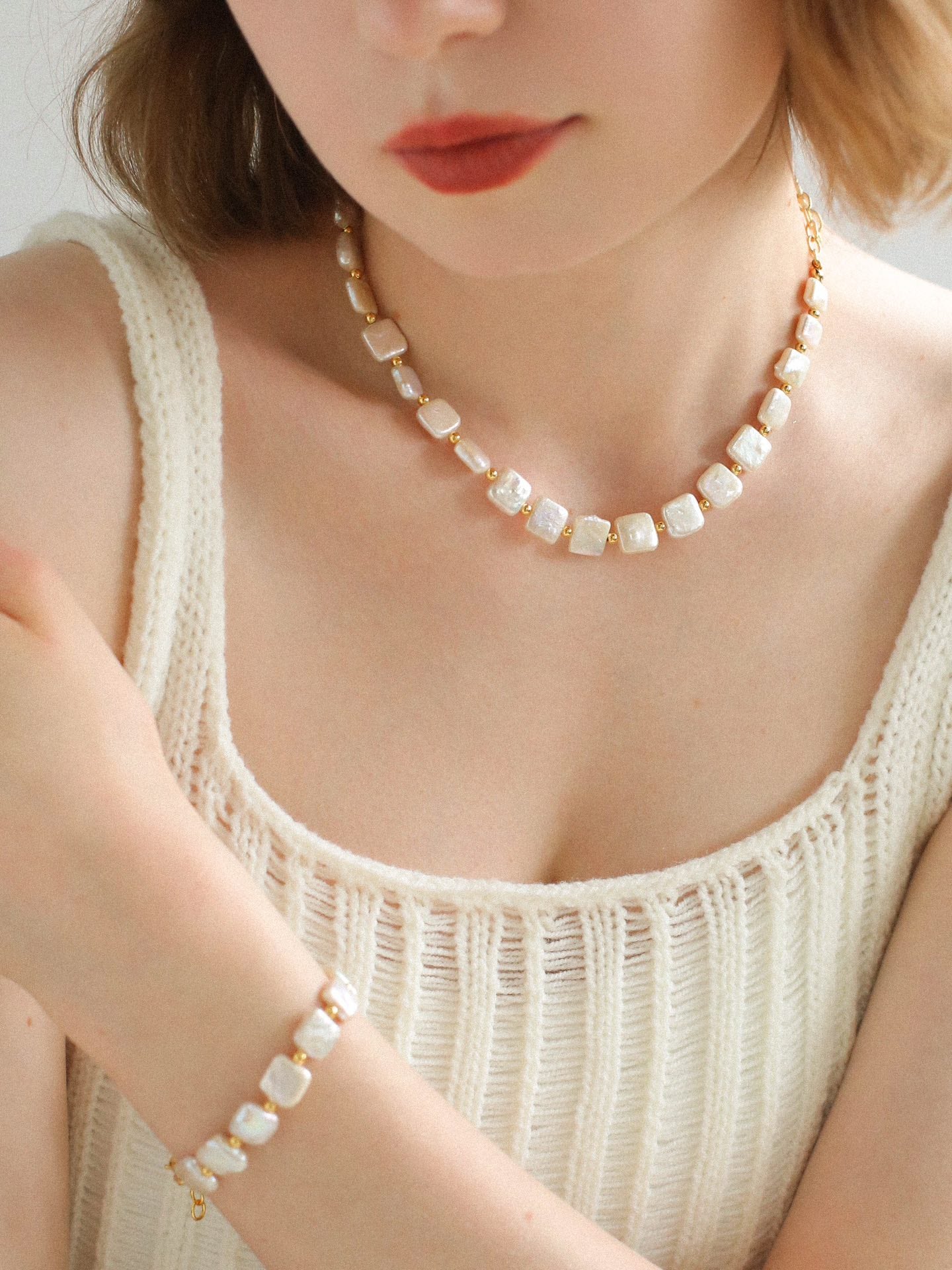 Natural Square Baroque Freshwater Pearl Necklace, Bracelet & Jewelry Set | Full Pearl or Half Pearl Chain | 18K Gold Plated