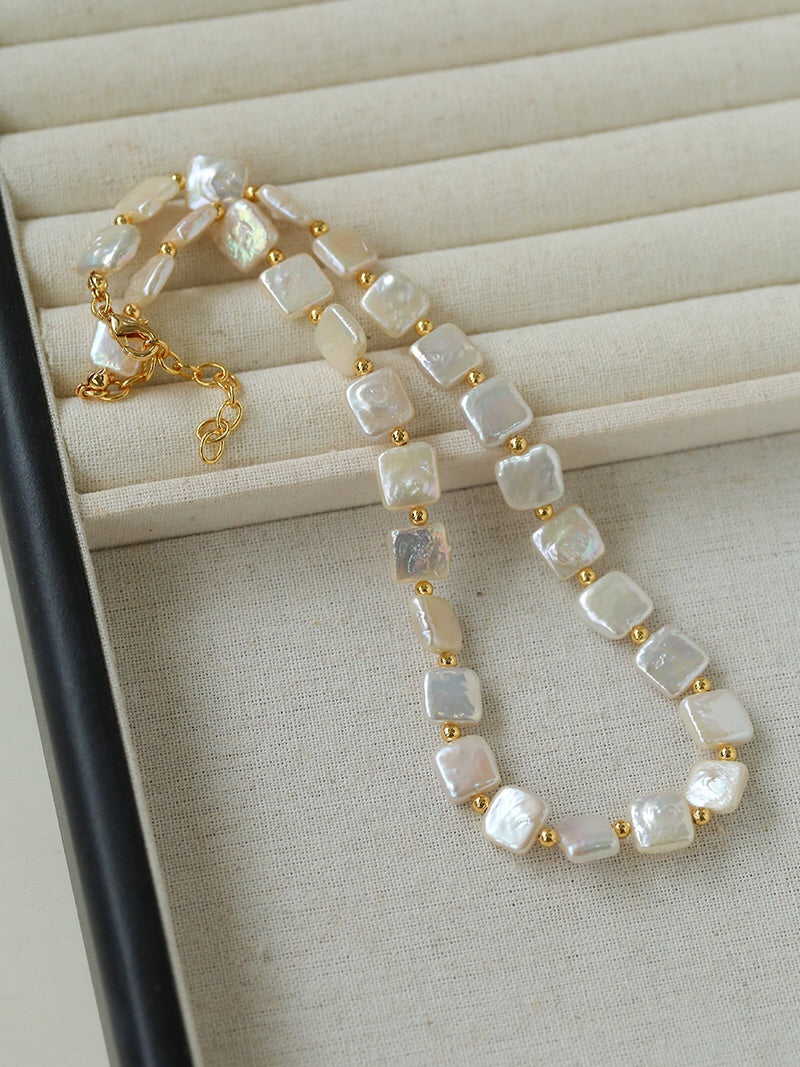Natural Square Baroque Freshwater Pearl Necklace, Bracelet & Jewelry Set | Full Pearl or Half Pearl Chain | 18K Gold Plated