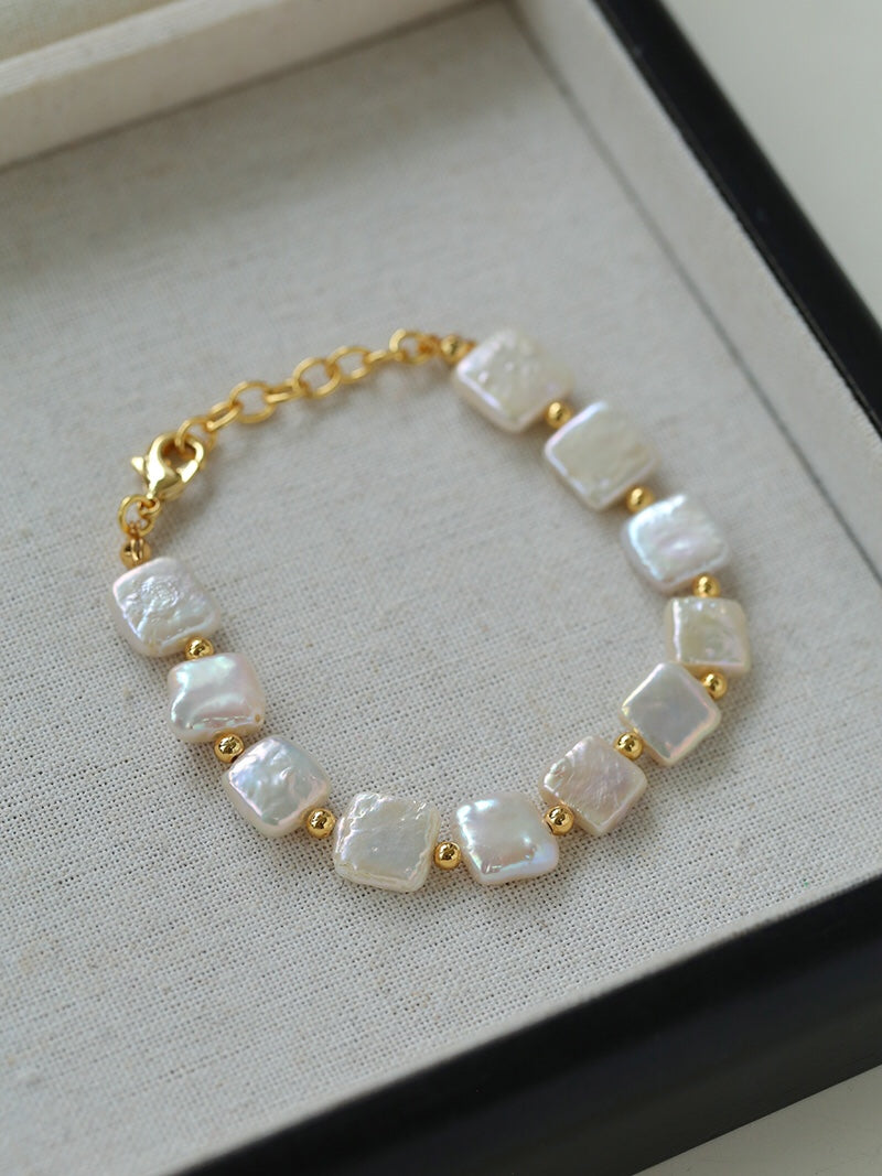 Natural Square Baroque Freshwater Pearl Necklace, Bracelet & Jewelry Set | Full Pearl or Half Pearl Chain | 18K Gold Plated