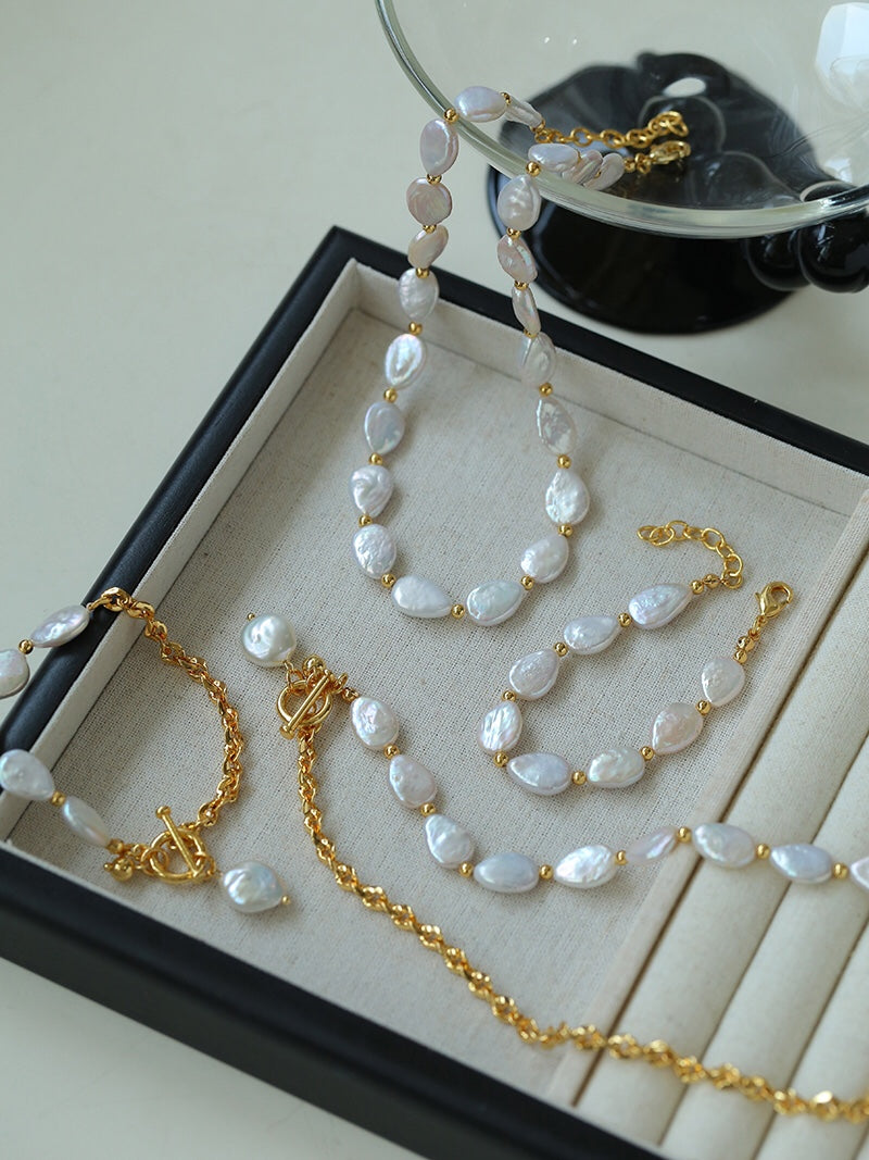 Natural Teardrop Baroque Freshwater Pearl Necklace, Bracelet & Jewelry Set | 18K Gold Plated