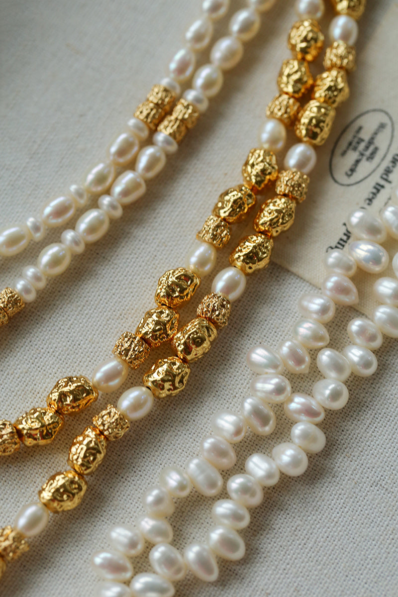 Natural Freshwater Pearl & Hammered Gold Lava Bead Necklace, Adjustable Layering Necklace (3 Styles)