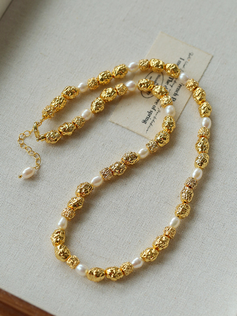 Natural Freshwater Pearl & Hammered Gold Lava Bead Necklace, Adjustable Layering Necklace (3 Styles)