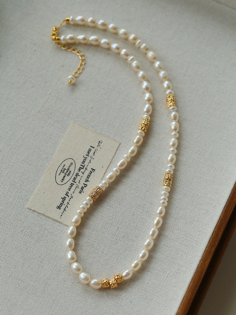 Natural Freshwater Pearl & Hammered Gold Lava Bead Necklace, Adjustable Layering Necklace (3 Styles)
