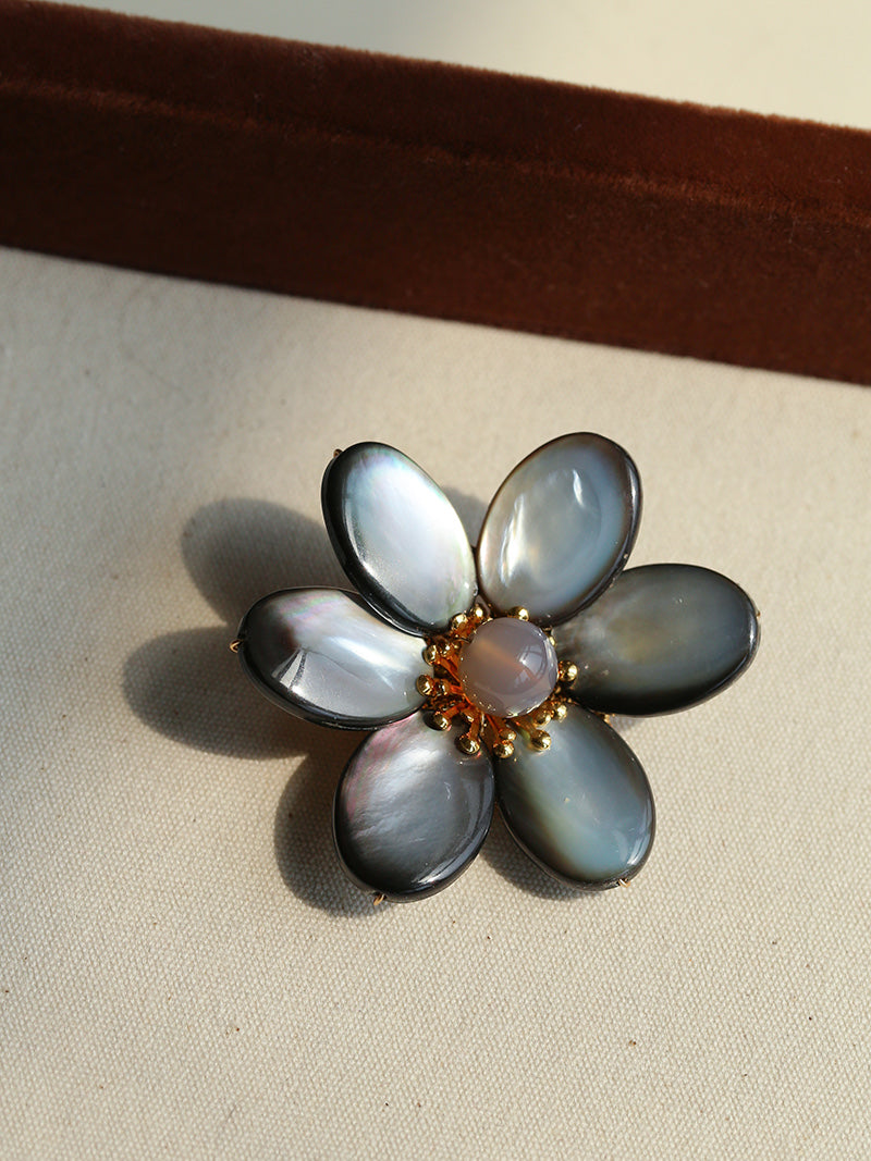 Natural Pearl & Shell Flower Brooch, Baroque Pearl Floral Pin, Vintage Gold Plated Brooch for Women, French Inspired Sculptural Jewelry Accessory