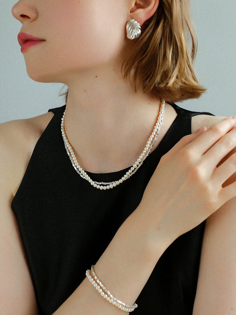 Hammered Silver & Freshwater Pearl Jewelry Set – Double Layer Pearl Necklace and Bracelet