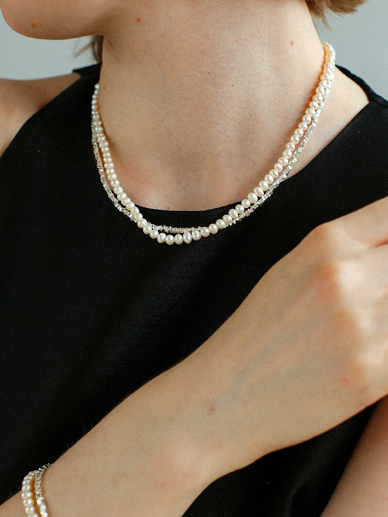 Hammered Silver & Freshwater Pearl Jewelry Set – Double Layer Pearl Necklace and Bracelet