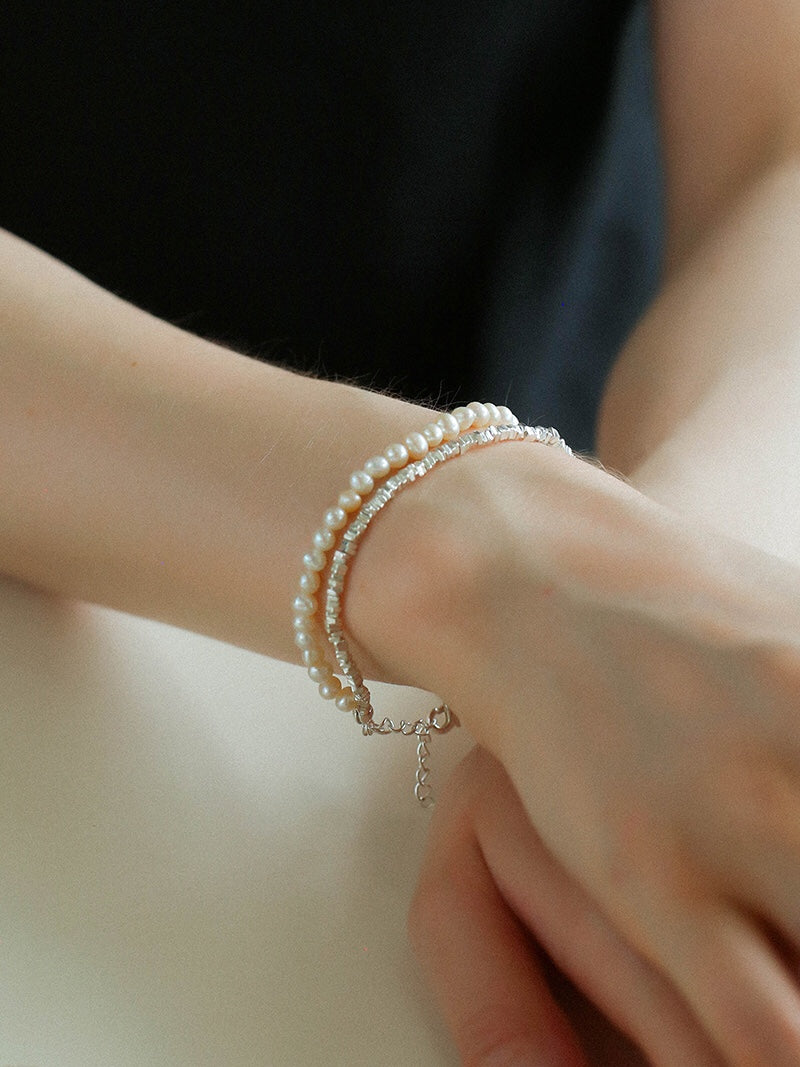 Hammered Silver & Freshwater Pearl Jewelry Set – Double Layer Pearl Necklace and Bracelet