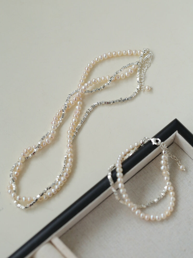 Hammered Silver & Freshwater Pearl Jewelry Set – Double Layer Pearl Necklace and Bracelet