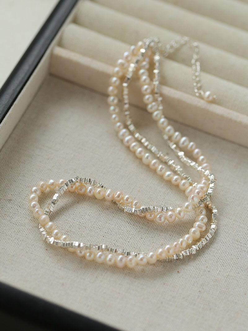 Hammered Silver & Freshwater Pearl Jewelry Set – Double Layer Pearl Necklace and Bracelet