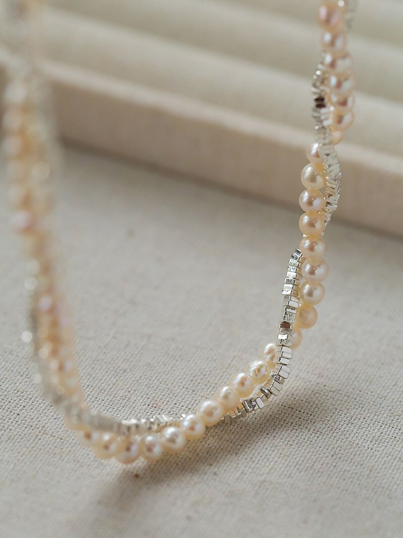 Hammered Silver & Freshwater Pearl Jewelry Set – Double Layer Pearl Necklace and Bracelet