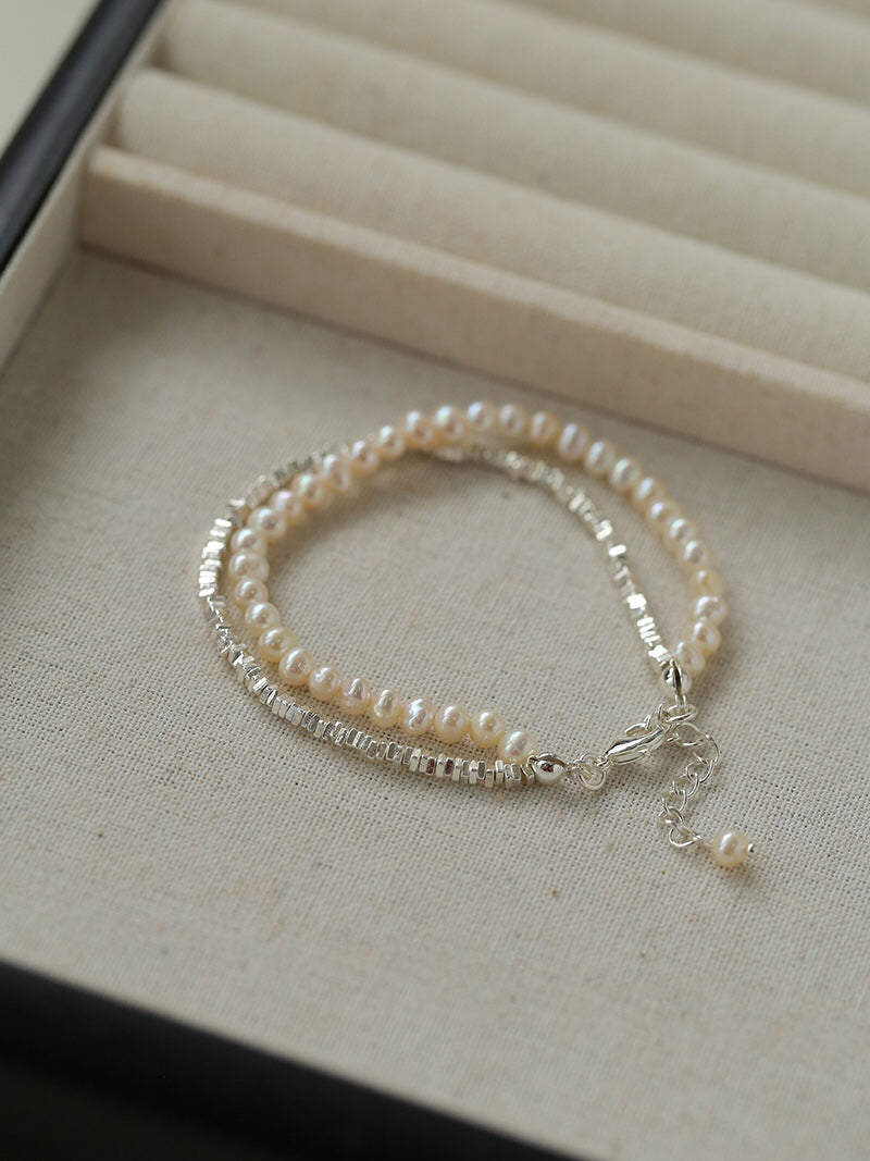 Hammered Silver & Freshwater Pearl Jewelry Set – Double Layer Pearl Necklace and Bracelet