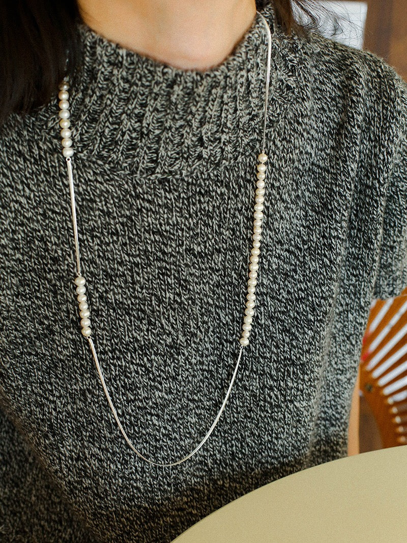 Freshwater Pearl & Silver-Plated Chain Long Necklace, Half Pearl Half Chain Layering Necklace with OT Clasp