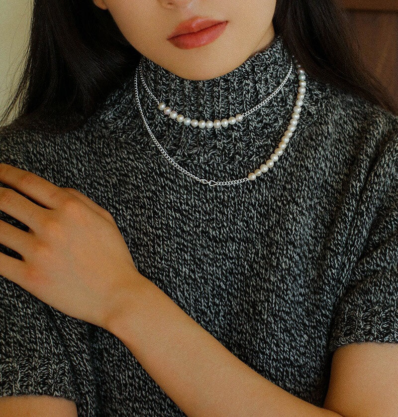 Freshwater Pearl & Silver-Plated Chain Long Necklace, Half Pearl Half Chain Layering Necklace with OT Clasp