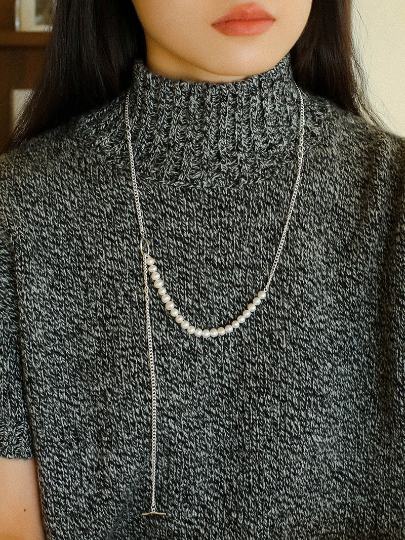 Freshwater Pearl & Silver-Plated Chain Long Necklace, Half Pearl Half Chain Layering Necklace with OT Clasp