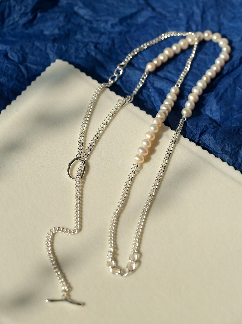 Freshwater Pearl & Silver-Plated Chain Long Necklace, Half Pearl Half Chain Layering Necklace with OT Clasp