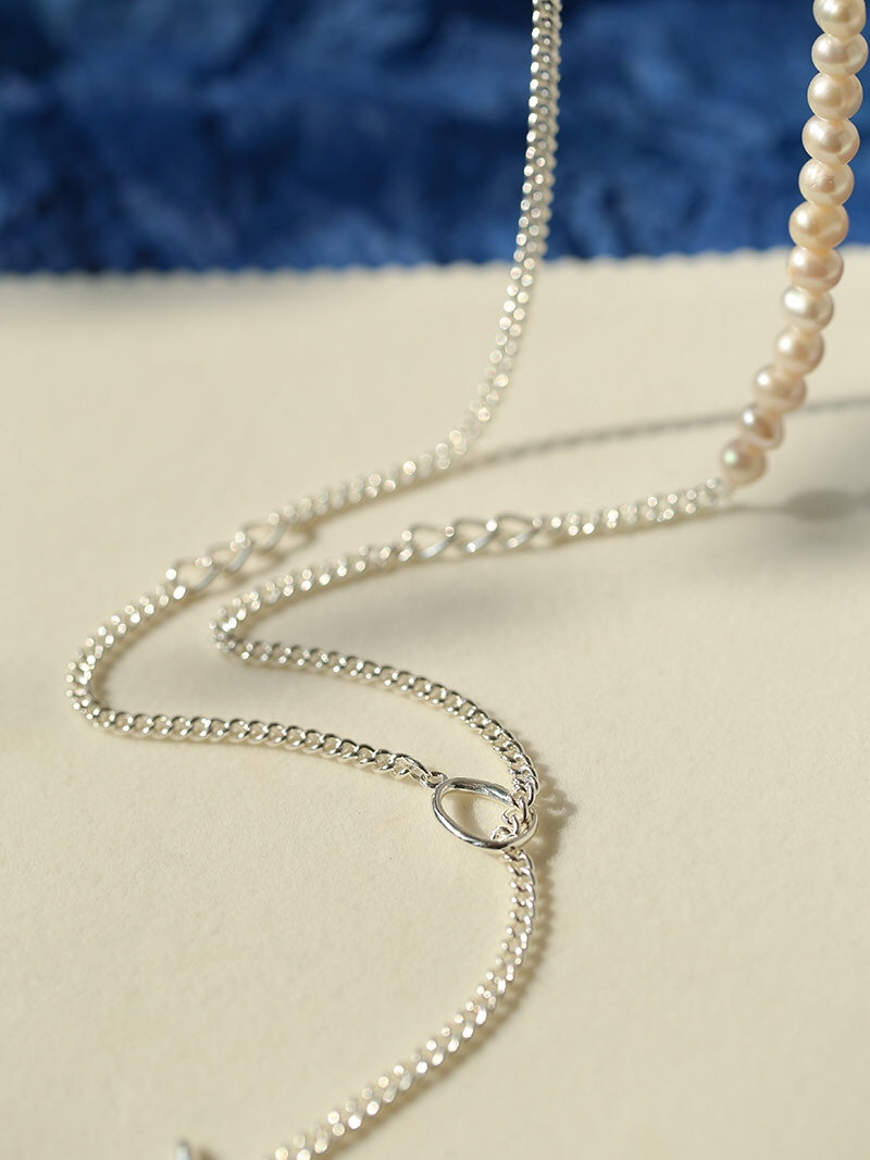 Freshwater Pearl & Silver-Plated Chain Long Necklace, Half Pearl Half Chain Layering Necklace with OT Clasp
