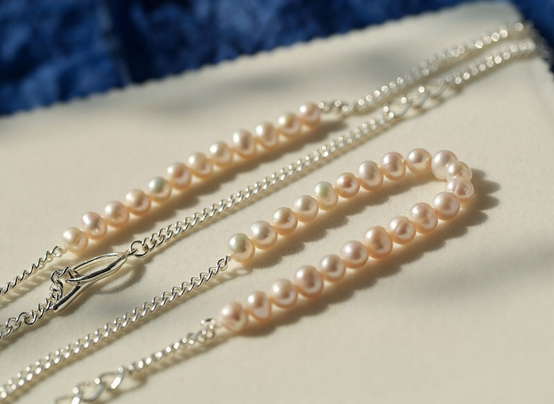 Freshwater Pearl & Silver-Plated Chain Long Necklace, Half Pearl Half Chain Layering Necklace with OT Clasp