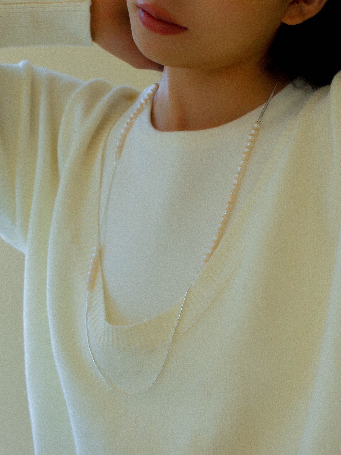 Freshwater Pearl & Silver-Plated Chain Long Necklace, Half Pearl Half Chain Layering Necklace with OT Clasp