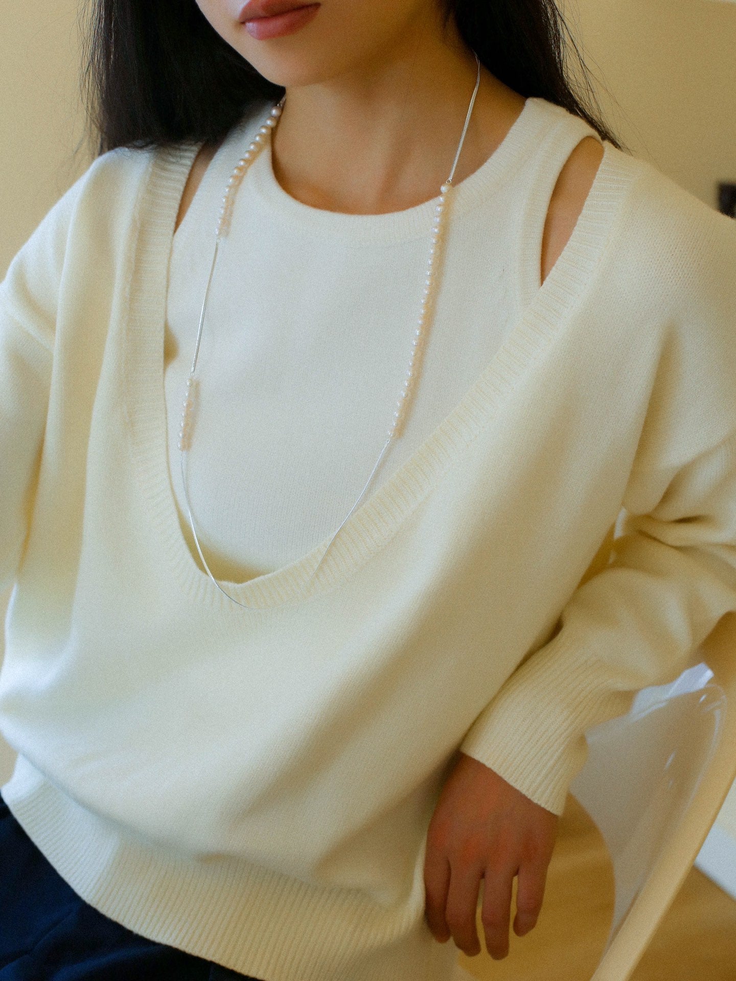 Freshwater Pearl & Silver-Plated Chain Long Necklace, Half Pearl Half Chain Layering Necklace with OT Clasp