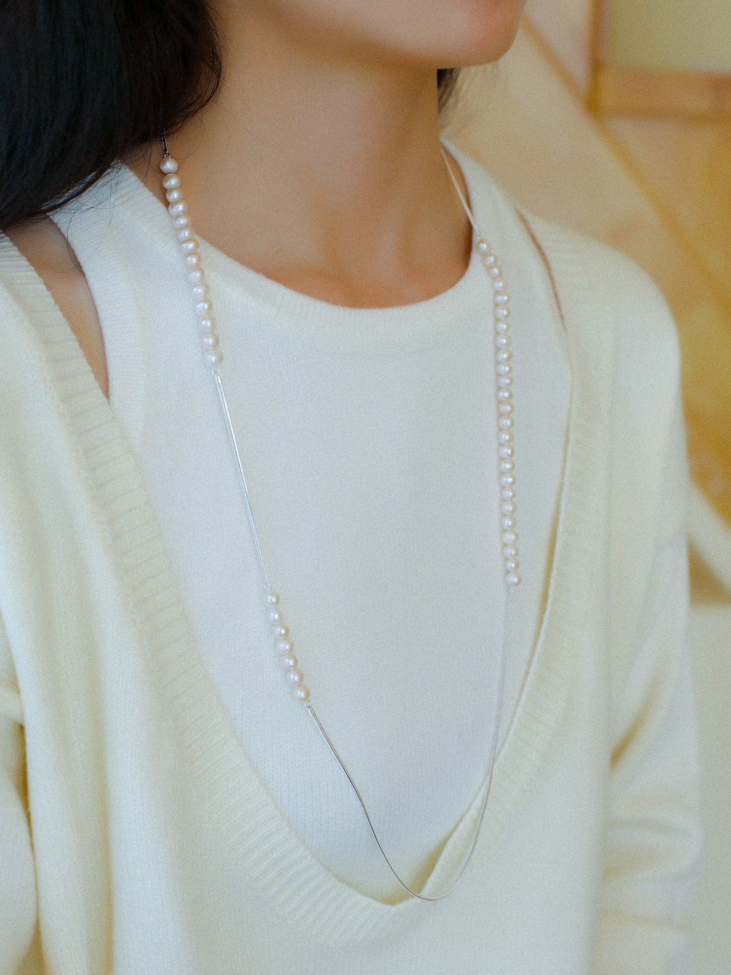 Freshwater Pearl & Silver-Plated Chain Long Necklace, Half Pearl Half Chain Layering Necklace with OT Clasp