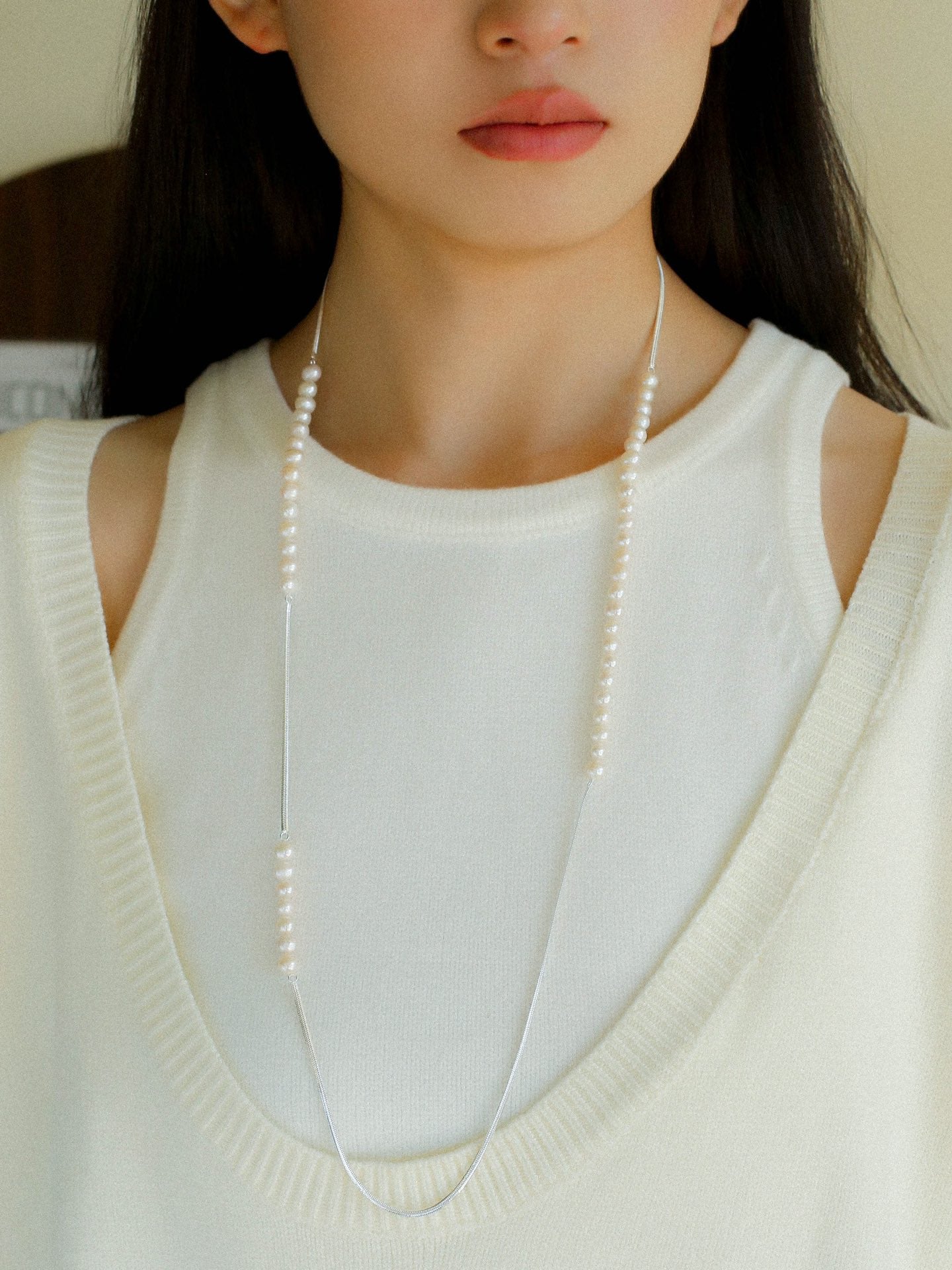 Freshwater Pearl & Silver-Plated Chain Long Necklace, Half Pearl Half Chain Layering Necklace with OT Clasp