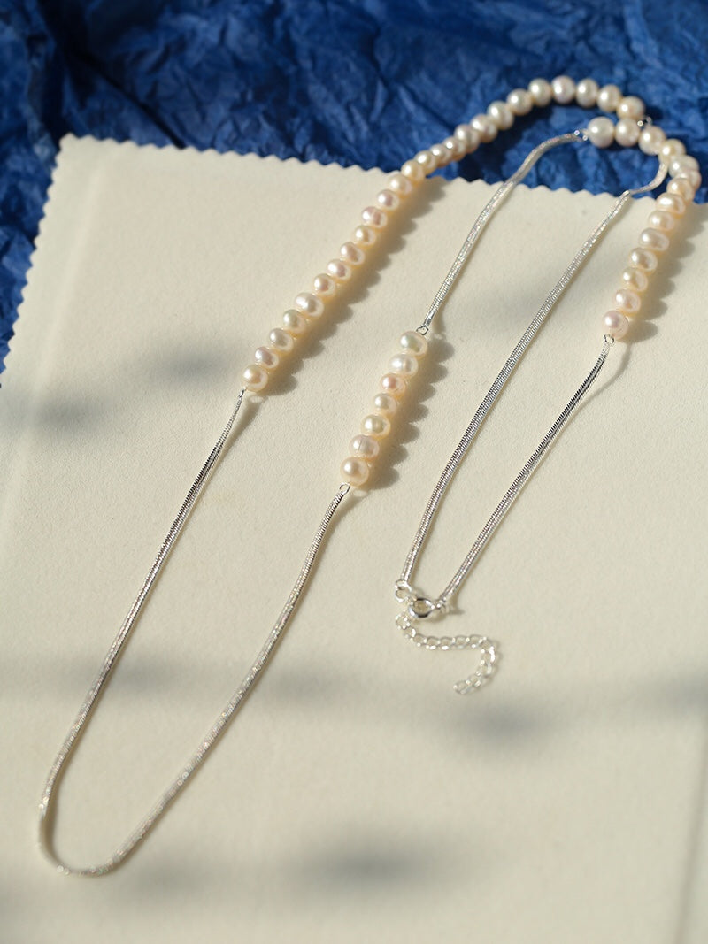 Freshwater Pearl & Silver-Plated Chain Long Necklace, Half Pearl Half Chain Layering Necklace with OT Clasp