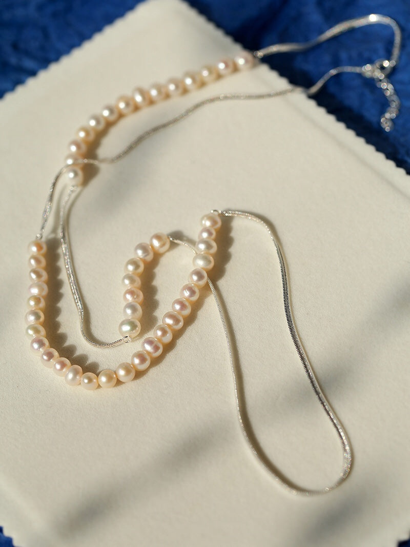Freshwater Pearl & Silver-Plated Chain Long Necklace, Half Pearl Half Chain Layering Necklace with OT Clasp
