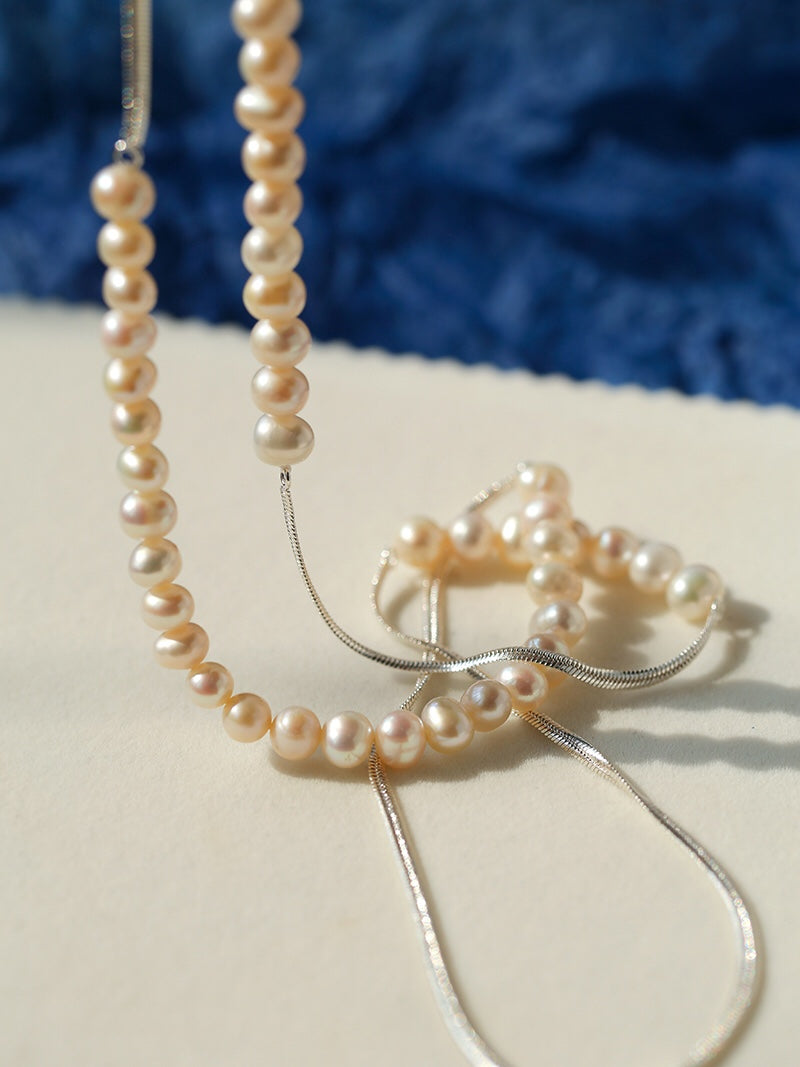 Freshwater Pearl & Silver-Plated Chain Long Necklace, Half Pearl Half Chain Layering Necklace with OT Clasp