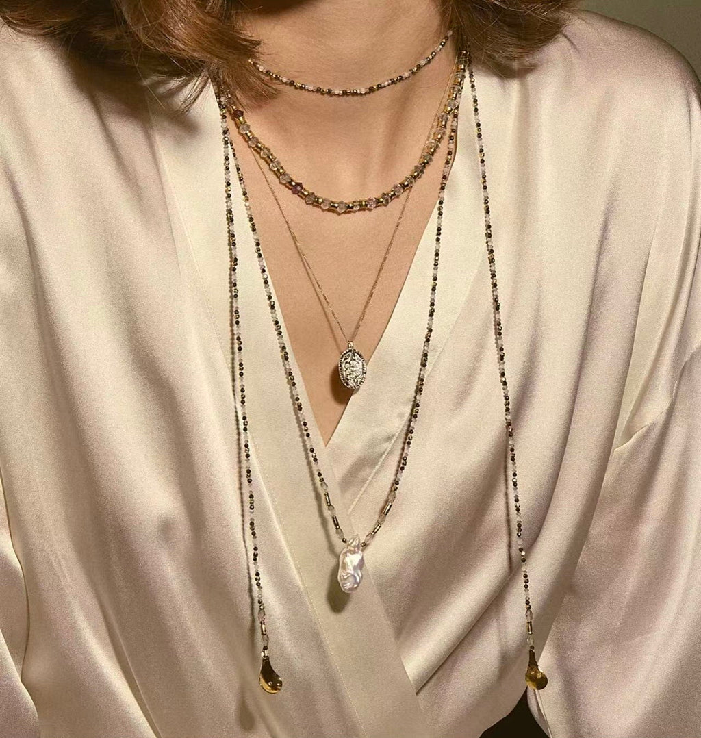 70cm Irregular Baroque Pearl & Grey Flash Stone Long Necklace | 18K Gold Plated Multi-Stone Layered Chain