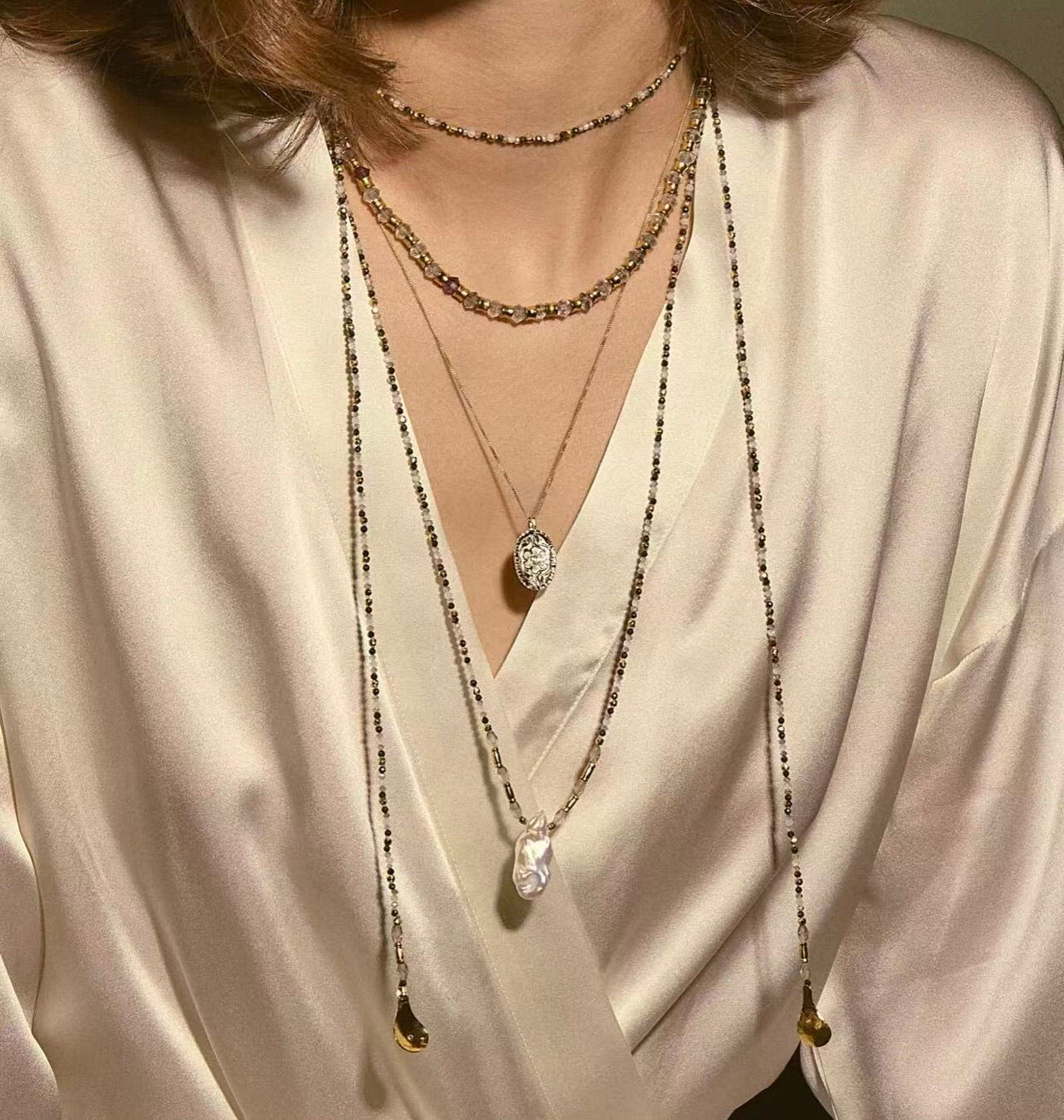 70cm Irregular Baroque Pearl & Grey Flash Stone Long Necklace | 18K Gold Plated Multi-Stone Layered Chain