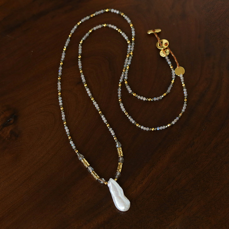 70cm Irregular Baroque Pearl & Grey Flash Stone Long Necklace | 18K Gold Plated Multi-Stone Layered Chain