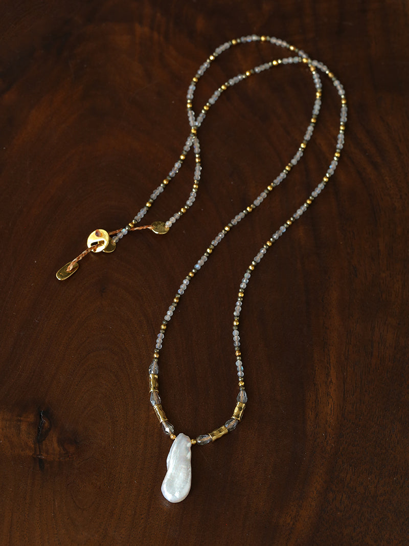 70cm Irregular Baroque Pearl & Grey Flash Stone Long Necklace | 18K Gold Plated Multi-Stone Layered Chain