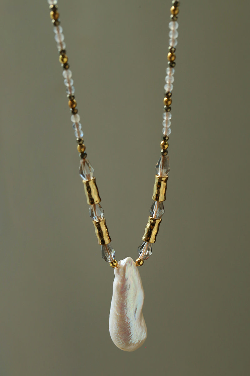 70cm Irregular Baroque Pearl & Grey Flash Stone Long Necklace | 18K Gold Plated Multi-Stone Layered Chain
