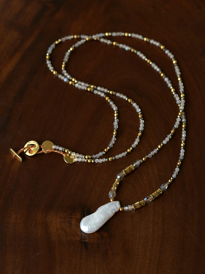 70cm Irregular Baroque Pearl & Grey Flash Stone Long Necklace | 18K Gold Plated Multi-Stone Layered Chain