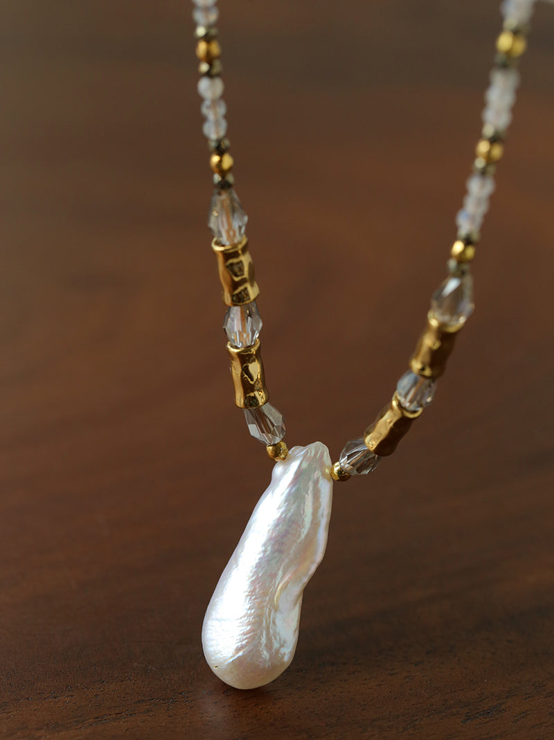 70cm Irregular Baroque Pearl & Grey Flash Stone Long Necklace | 18K Gold Plated Multi-Stone Layered Chain