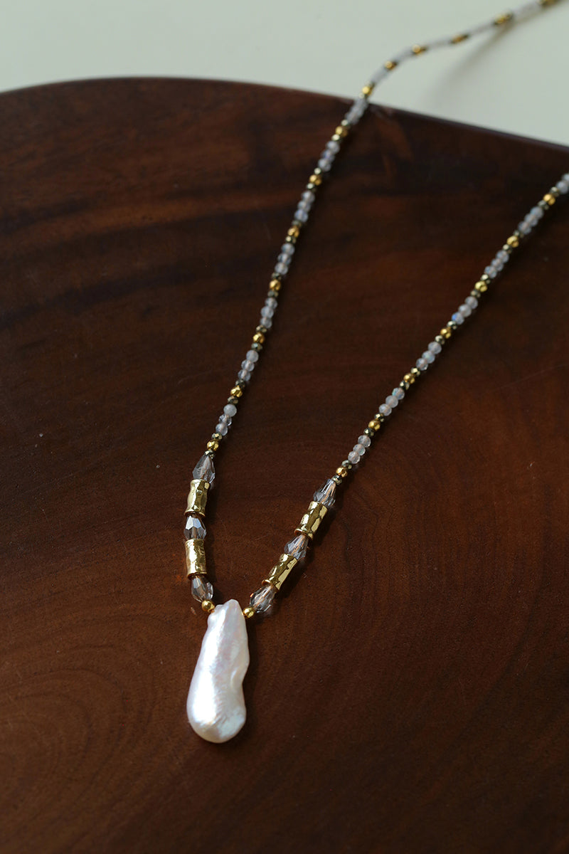 70cm Irregular Baroque Pearl & Grey Flash Stone Long Necklace | 18K Gold Plated Multi-Stone Layered Chain