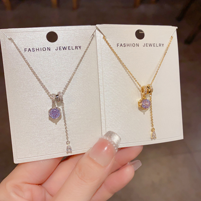 Purple Crystal Necklace – Delicate Tassel Pendant