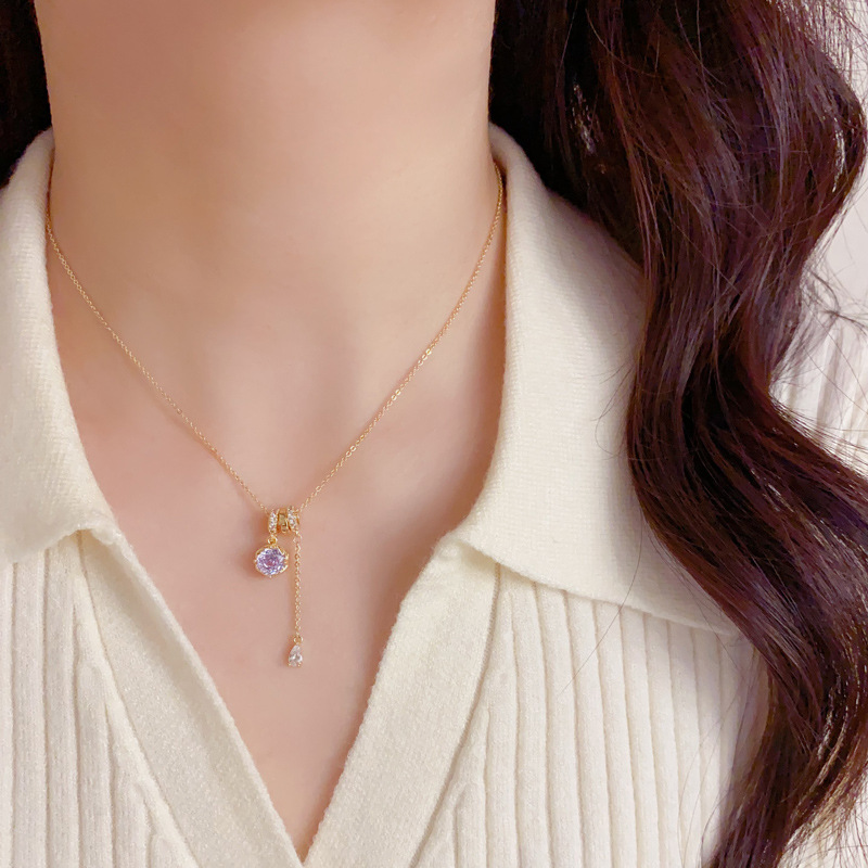Purple Crystal Necklace – Delicate Tassel Pendant