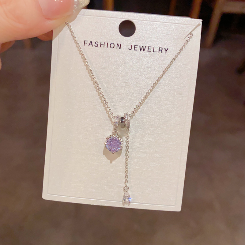 Purple Crystal Necklace – Delicate Tassel Pendant