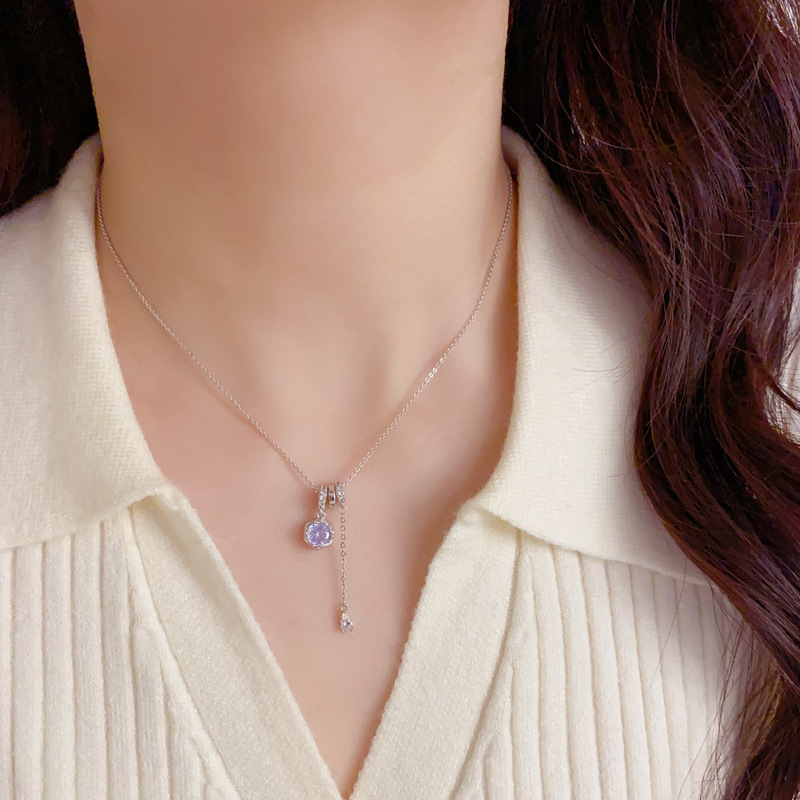 Purple Crystal Necklace – Delicate Tassel Pendant