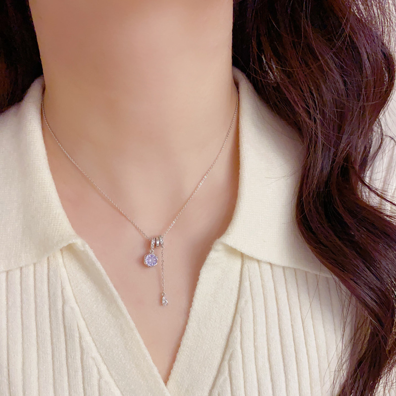 Purple Crystal Necklace – Delicate Tassel Pendant