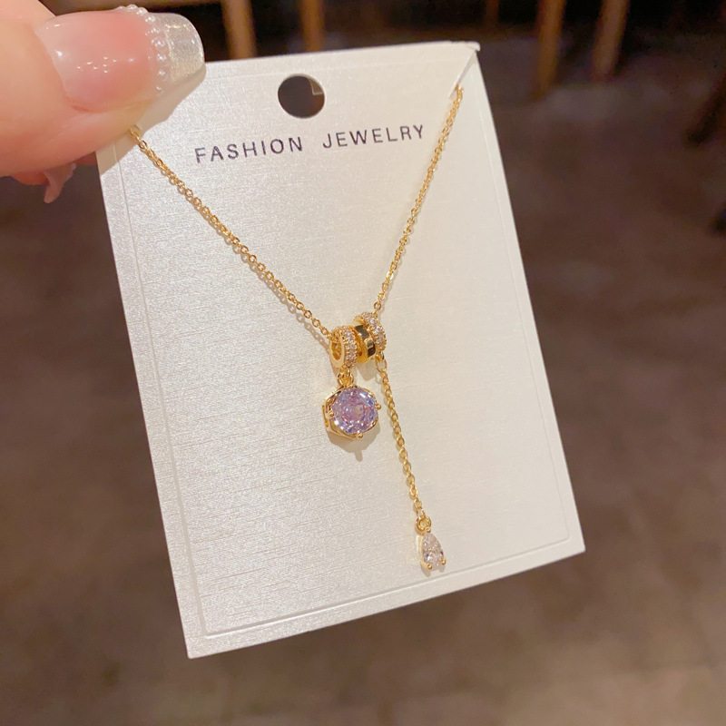 Purple Crystal Necklace – Delicate Tassel Pendant