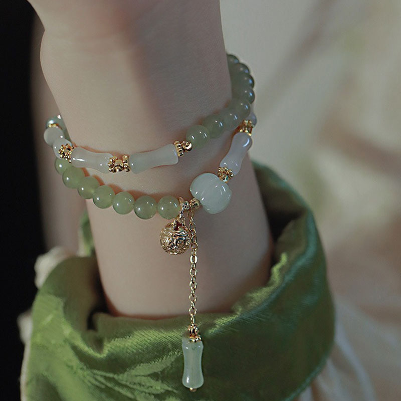 Chinese Jade Bamboo Knot Bracelet | New Chinese Style Vintage Double Layer Jade Beaded Bracelet with Gold Bell Charm
