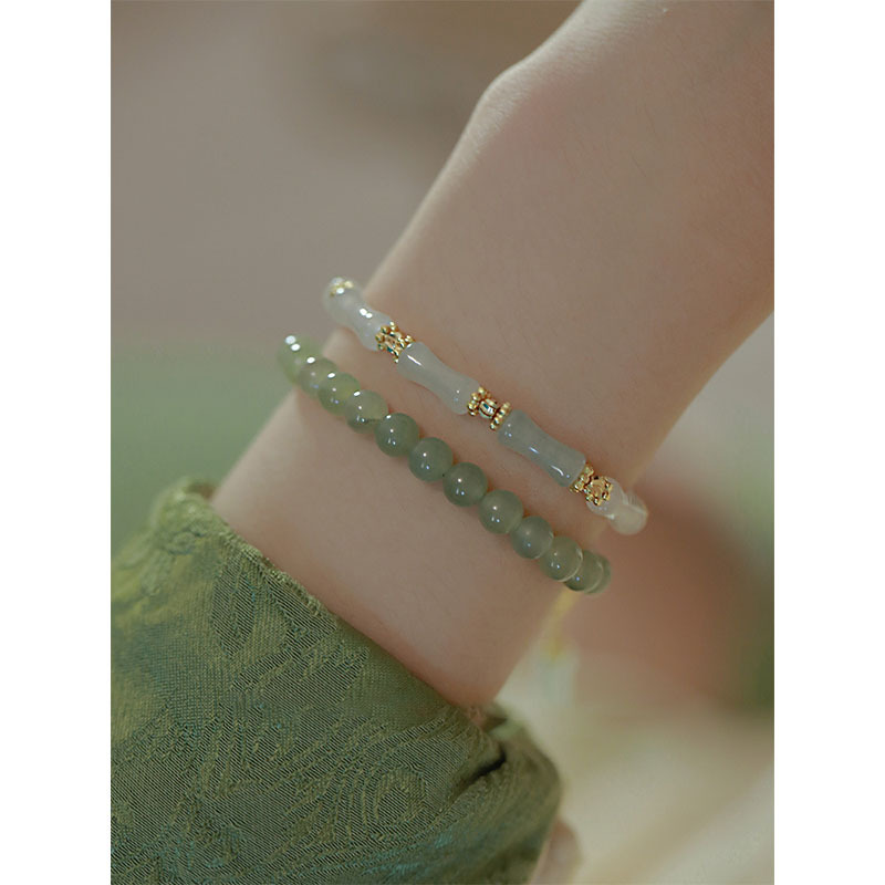 Chinese Jade Bamboo Knot Bracelet | New Chinese Style Vintage Double Layer Jade Beaded Bracelet with Gold Bell Charm