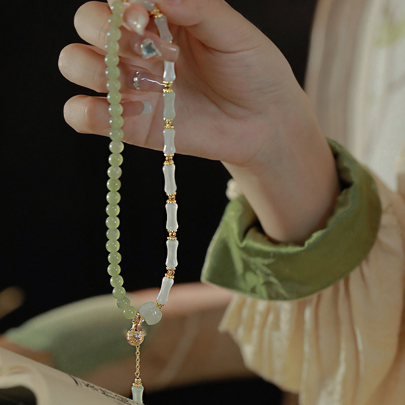 Chinese Jade Bamboo Knot Bracelet | New Chinese Style Vintage Double Layer Jade Beaded Bracelet with Gold Bell Charm