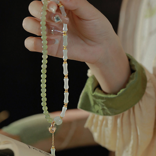 Chinese Jade Bamboo Knot Bracelet | New Chinese Style Vintage Double Layer Jade Beaded Bracelet with Gold Bell Charm