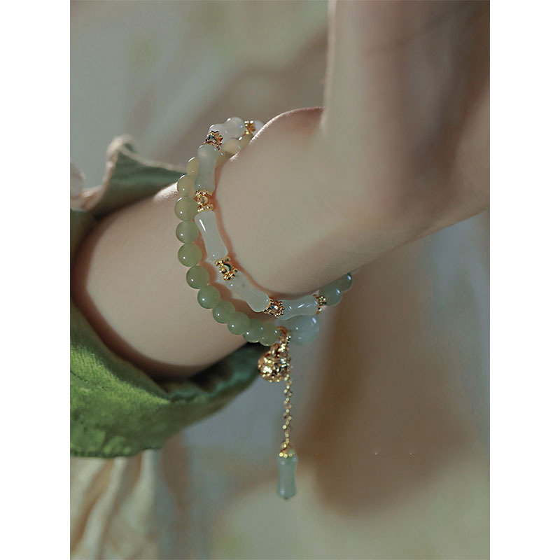 Chinese Jade Bamboo Knot Bracelet | New Chinese Style Vintage Double Layer Jade Beaded Bracelet with Gold Bell Charm