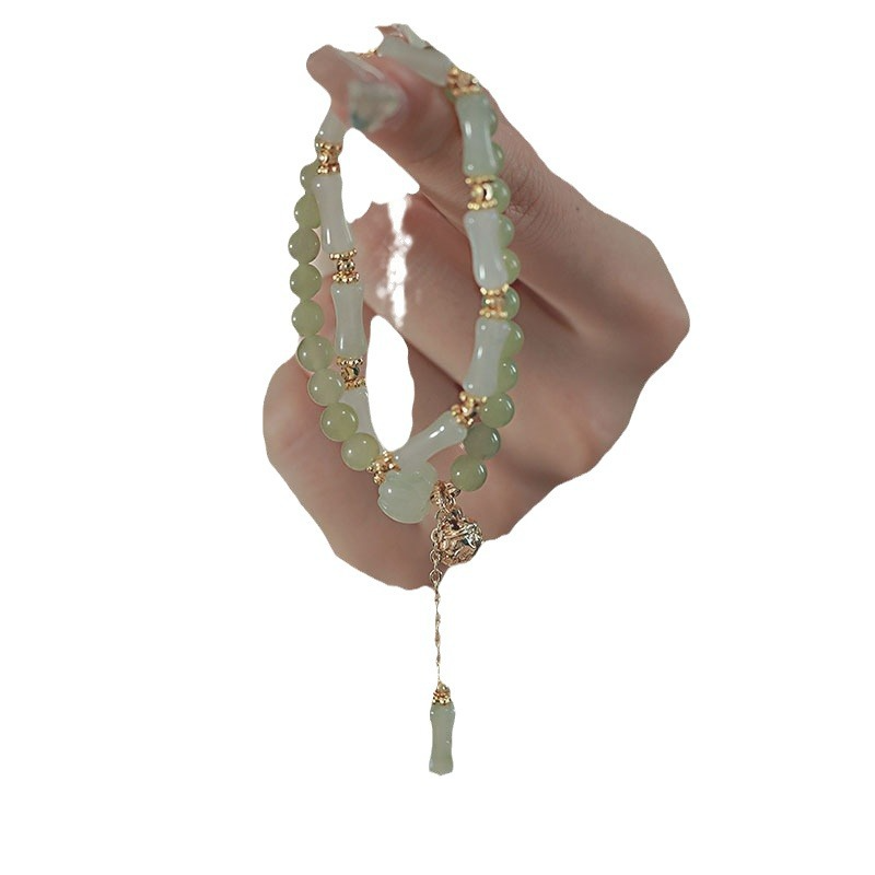 Chinese Jade Bamboo Knot Bracelet | New Chinese Style Vintage Double Layer Jade Beaded Bracelet with Gold Bell Charm