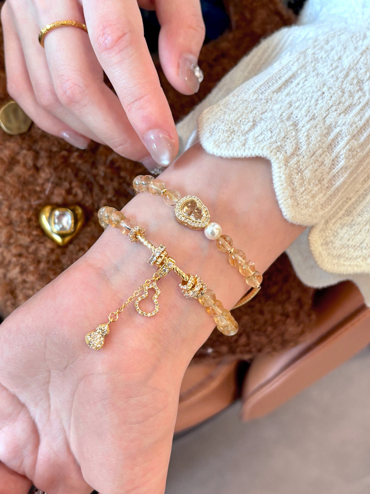 Citrine Gourd Bracelet for Women | Natural Crystal Beaded Bracelet with Polished Lucky Charm Design
